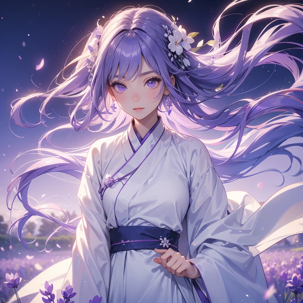A beautiful female in white hanfu dress , Stroll among the purple lavender fields , There are some floating clouds, close up.