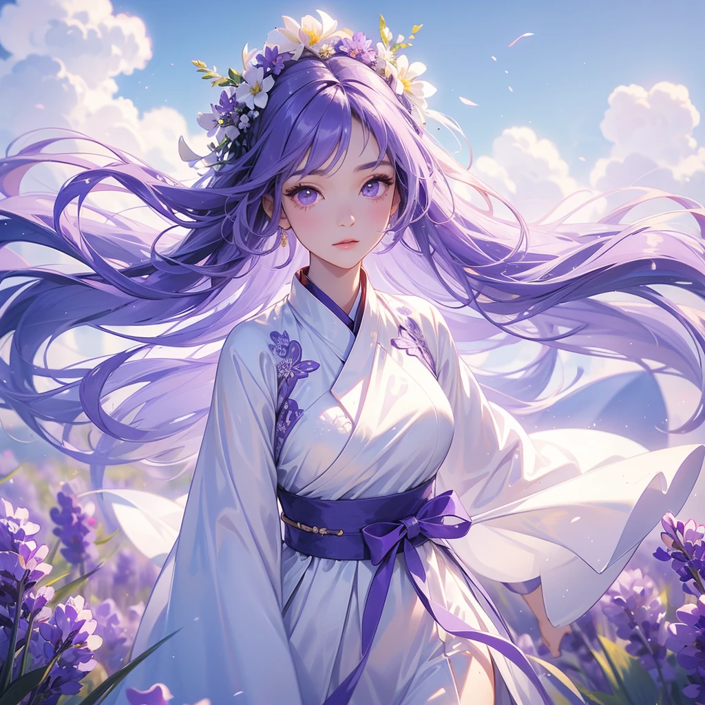 A beautiful female in white hanfu dress , Stroll among the purple lavender fields , There are some floating clouds, close up.