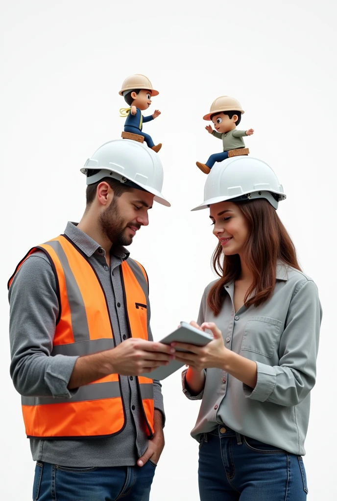 male and female civil engineer with white helmet with animated figures, where only half the body and a white background are visible
