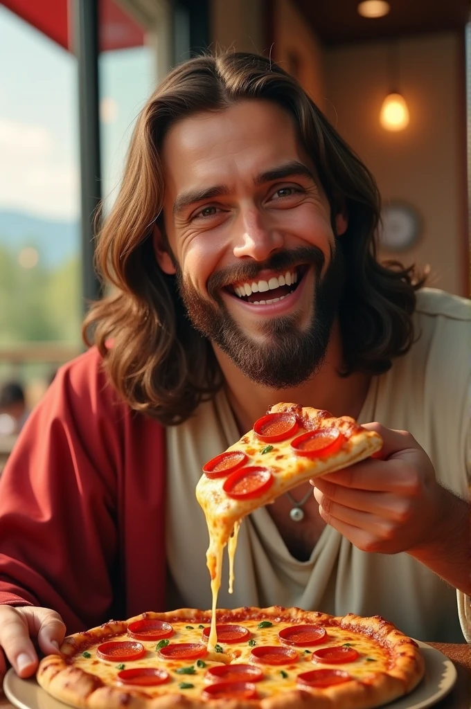 Image of Jesus smiling eating a delicious pizza from Pizza Hut
