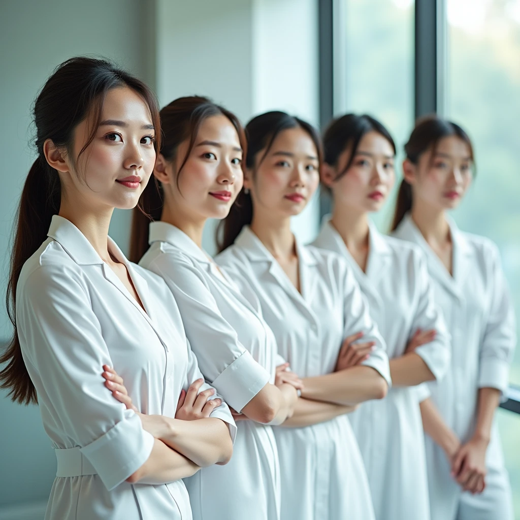 Five beautiful female nurses in a row.