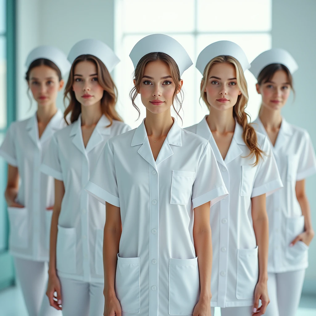 Five beautiful female nurses in a row.