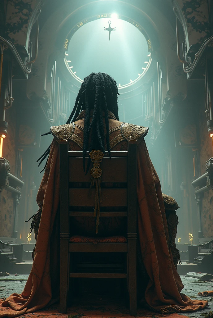 Panotamic of distopic world a man with dreadlocks sitting on a chair in front of a machine, a screenshot inspired by Zoltan Boros, tumblr, dau-al-set, wearing apocalyptic clothes, ornate cyberpunk robes, from warcraft, dressed as an oracle, as a solomon kane, tattered robes, intricate costume design, cyberpunk fashion clothing, still from a fantasy movie, post apocalyptic attire, mechanic exposed, cables, scrap.