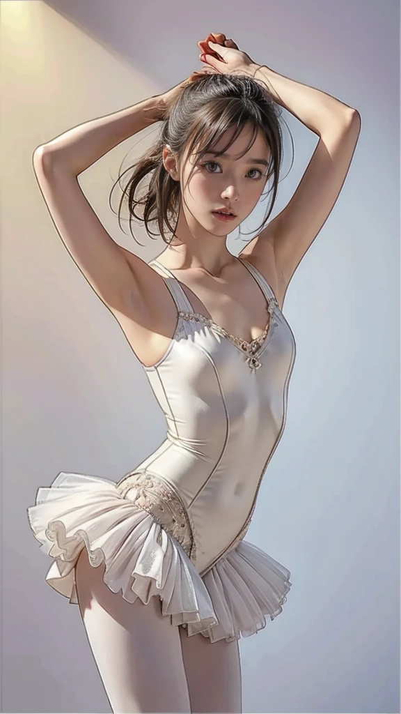 最high quality, High resolution, Photorealistic, Perfect Anatomy, Very detailed, Detailed face, Detailed body, high quality, Ballet Dancer, Tutu, pretty girl, :1.4, Young face, Bobcut, Small breasts, ballerina, Very slim:1.6, Very thin waist:1.4, Sexy standing pose, Raise your arms:1.3, Show your armpits:1.3