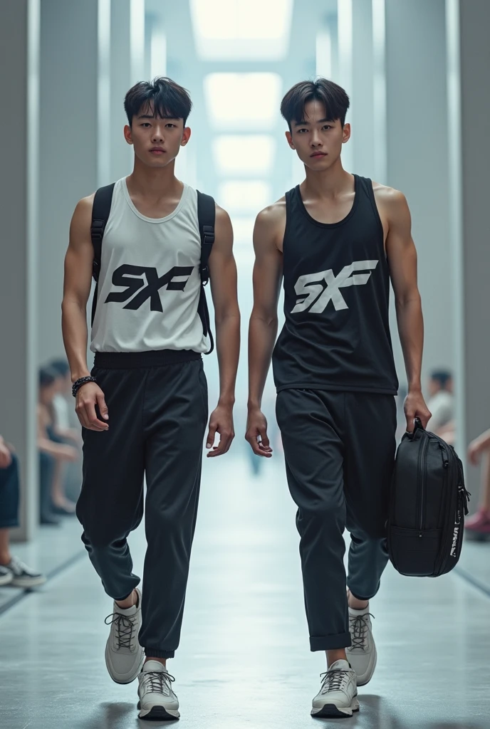 (photorealism:1.2),Two sportwear fashion handsome 18 yrs. old, k pop Asian male model, runway show full body holding sports bag pack, tank top casual wear style, SXR logo design, ultra-detailed, film photography, light leaks, trending on sportwear, sharp focus, studio photo, futuristic details, highly detailed