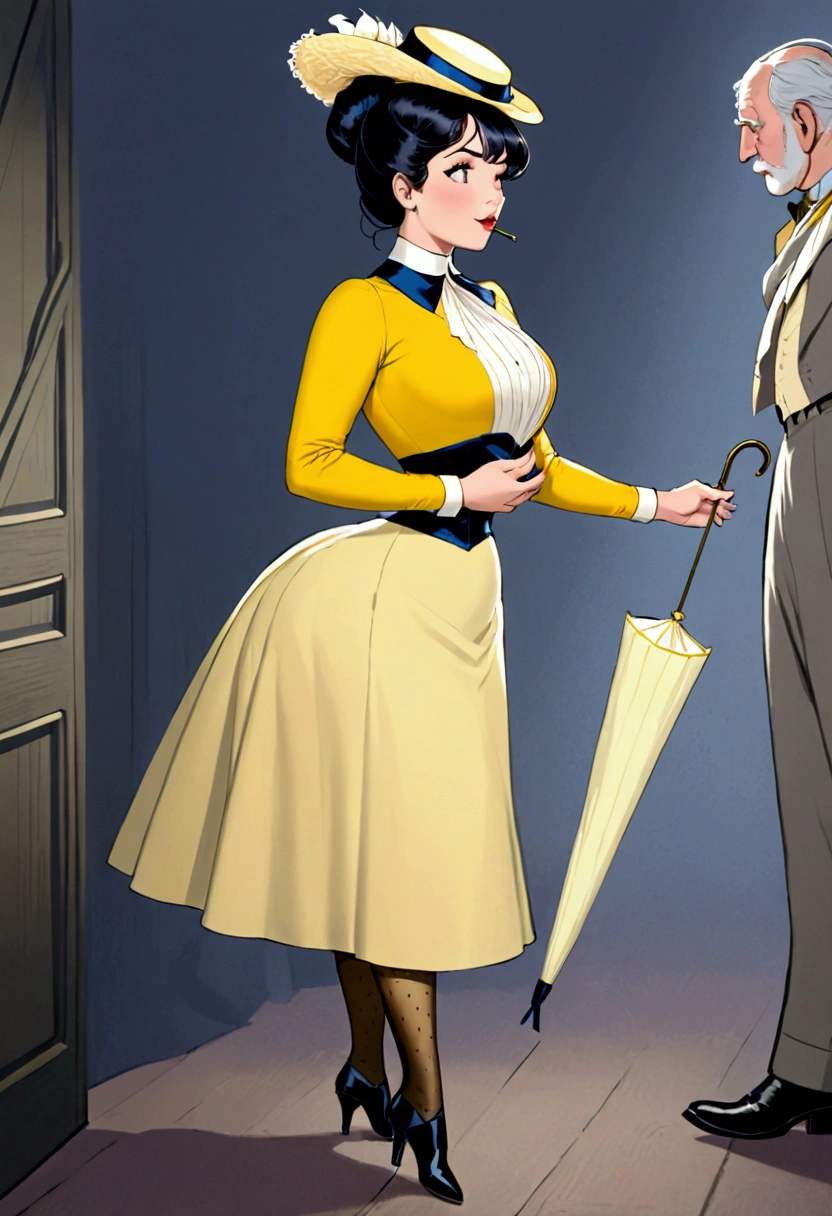 Year 1899. Veronica Lodge as a gorgeous thicc brunette **** thot of the Gilded Age performing fellatio on an old man. 10_dr3ss. Sexually insatiable nympho. Lifting her skirt, showing some leg. Holding a parasol. Yellow high-collar long sleeve dress. Yellow wide-brimmed hat. Long skirt. Petticoats. Silk stockings. Boots. Large bosom, 9-inch wasp waist, big booty, shapely legs. Full body