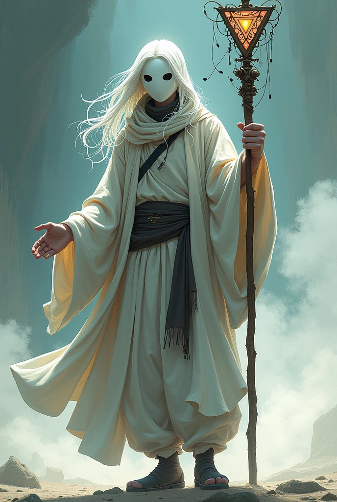 white-haired, white-eyed man wears baggy clothes, He has a staff with a musical triangle and a porcelain mask.. With anime drawing style