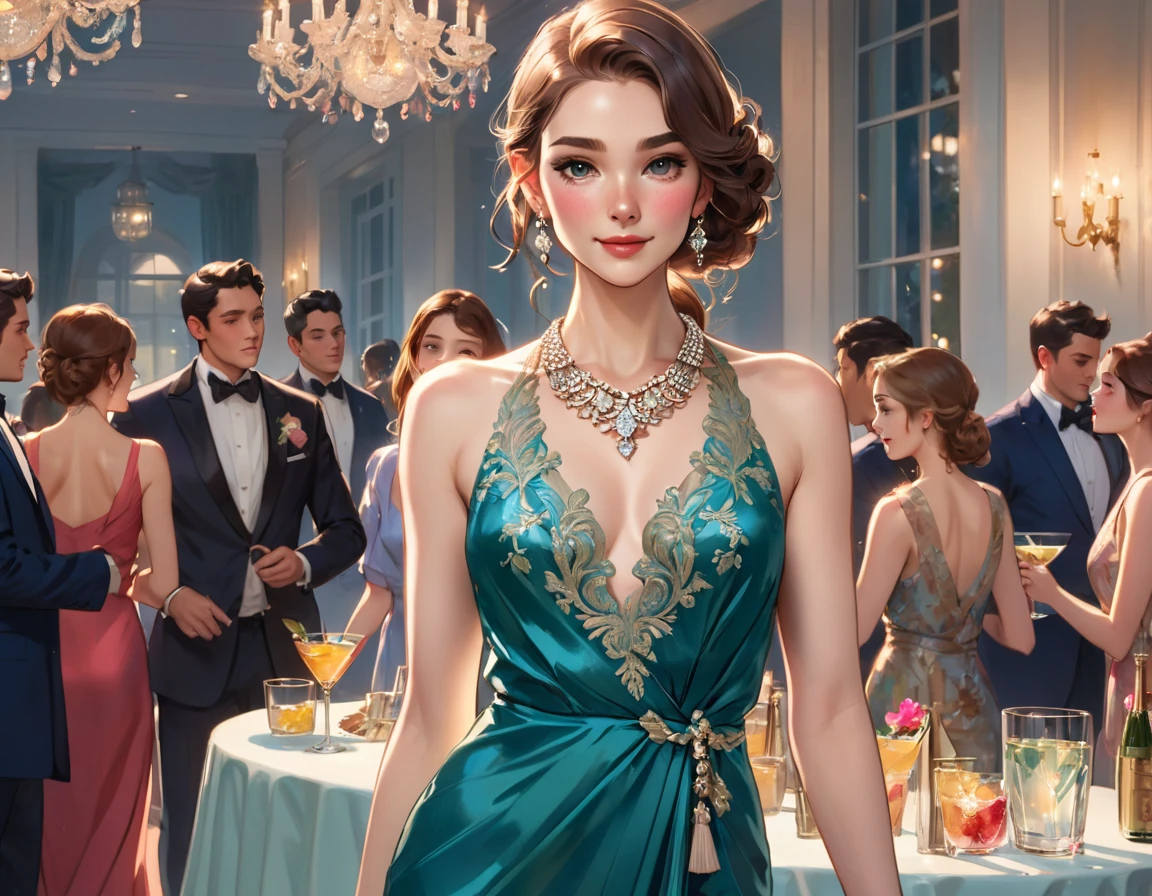 a female centaur going to cocktail party, wearing elegant silk shirt, intricate dress, wearing diamond necklace