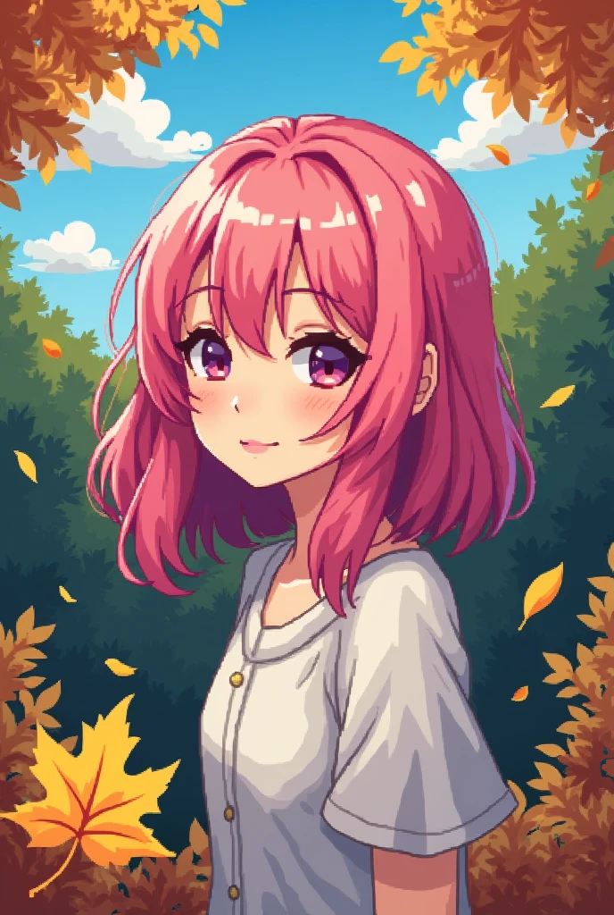 1 girl, Multicolored pink hair, upperbody, pixel world,nature, forest, autumn, yellow leaf, clear sky