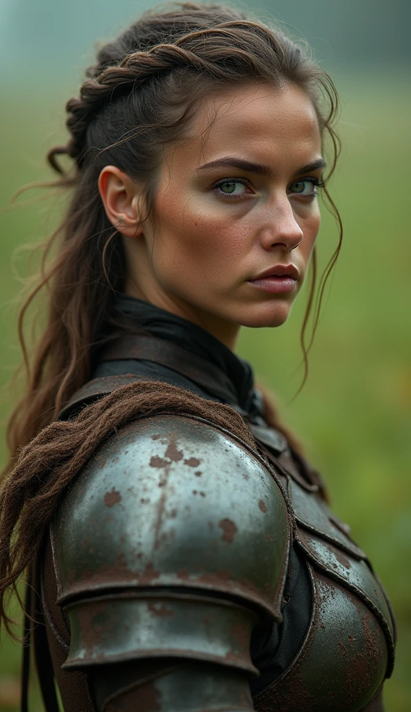 1 female, warrior, battle armor, worn out battle armor, came from a battle, green fields background, 4k quality, very detailed, bokeh, great lighting, very sexy, slightly sweating, very serious faces. full body shot