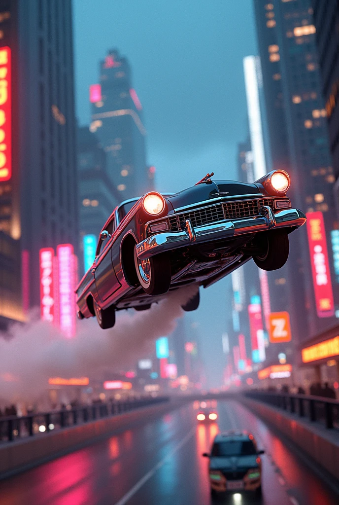 A vintage car flying over a neon-lit cityscape