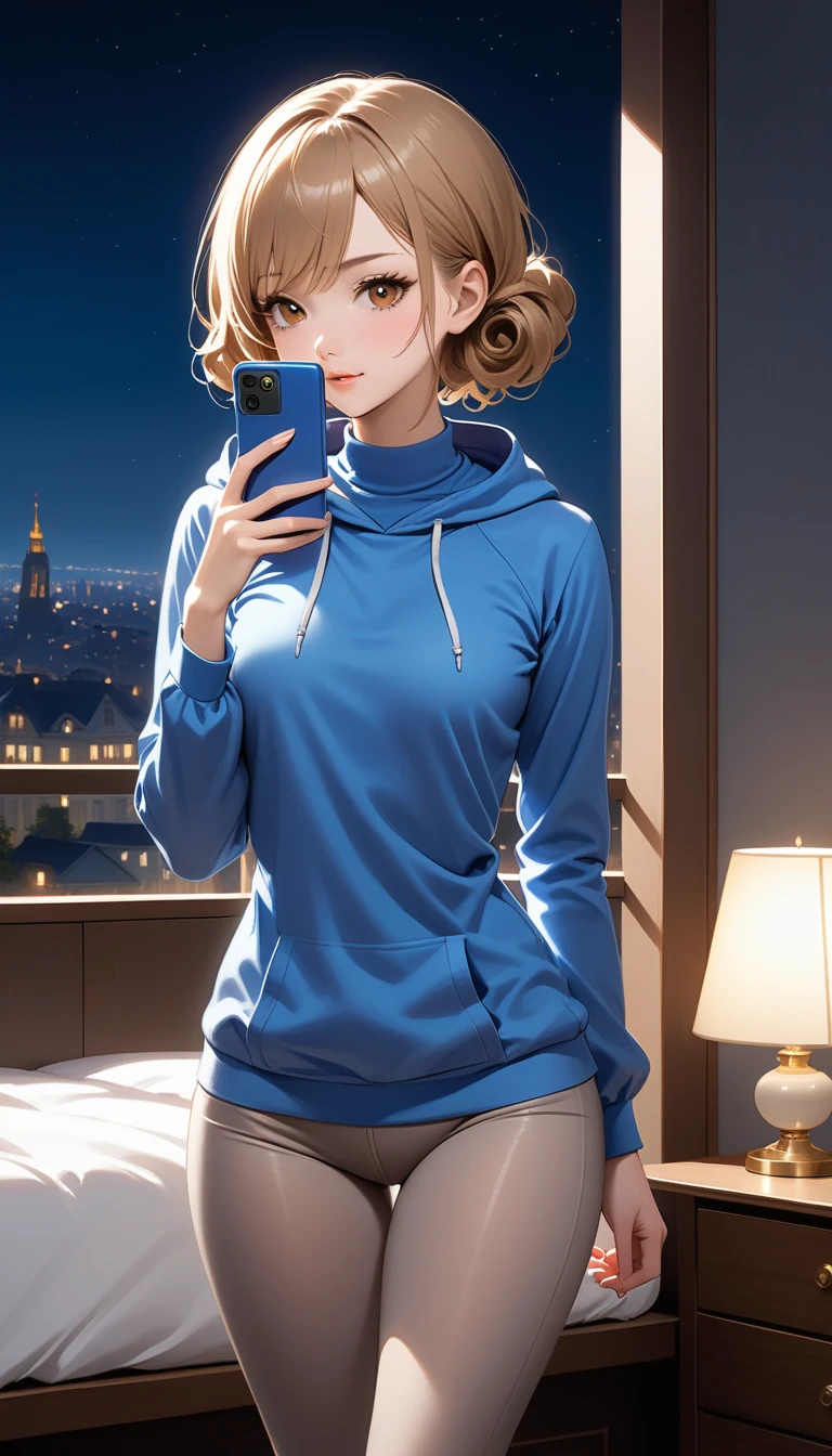 Beautiful 47y young woman with short undercut curly dark blonde hair, tied up hair, with brown eyes wearing ((Tight Grey Leggings), ((Sexy Mock Neck Mid Sleeves Light Blue ShirtWith Hood)), standing in her bedroom at night, holding her cellphone, (mid-tanned skin), (light brown lipstick), (elegant mascara), (slim body), (small breasts), (wide hips), midjourney, <lora:GoodHands-, <lora:GoodLegs-, UHD, high resolution, (expressive eyes, perfect face, full body, expressive face, perfect body, perfect pussy, athletic, fit, slim body, blushing, Perfect makeup, eyeliner, beautiful eyelashes, smiling, horny face), ((best illumination, best shadows)), ((sexy pose)), score_9_up, score_8_up, score_7_up