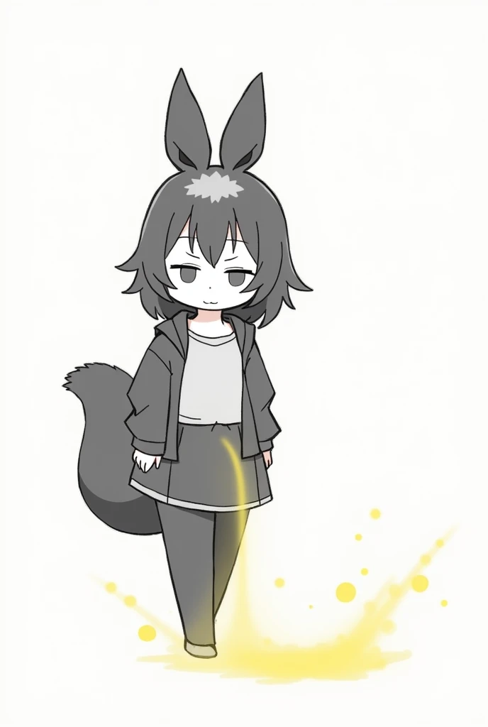 One of the humans、Girlish、anime、animeチック、Skunk ears and tail、child、Sprays yellow mist from his butt、Fart、solo、Turn your back、Black and white clothes