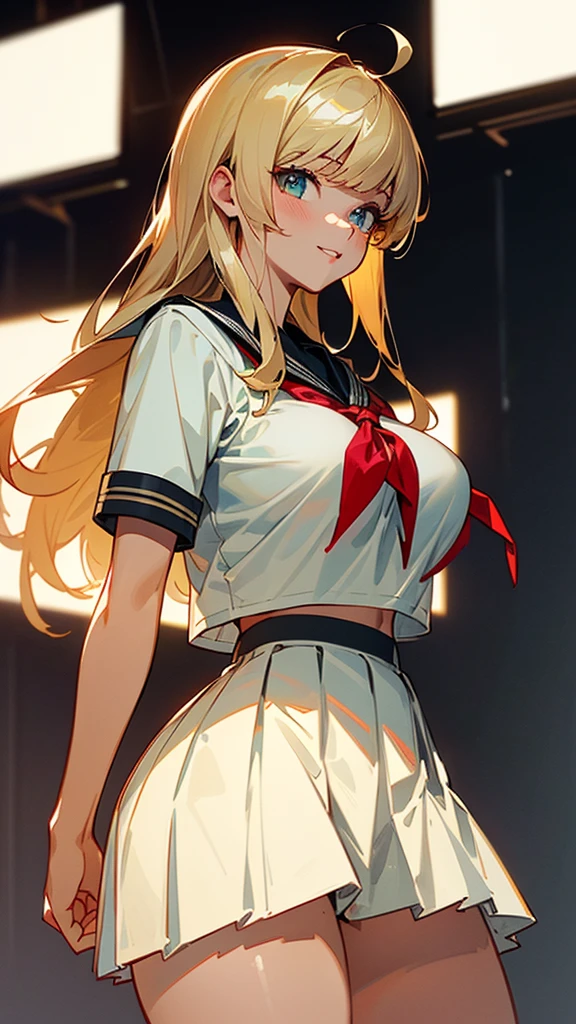 (UHD, retina, masterpiece, accurate, anatomically_correct, textured_skin, super_detail, high_details, high_quality, best_quality, high_res, 1080P, HD, 4K, 8k, 16k), (beautiful_detailed_eyes, beautiful_detailed_lips, extremely_detailed_eyes_and_face), soft_lighting, physically-based_rendering, vivid_colors, (large_breasts:1.5), (shiny_hair, shiny_skin, tanned_skin, blush), (bangs:1.5), eye_reflection, (bokeh), smile_and_laugh, From Behind, facing_away, (cropped_seifuku_shirt:1.5), (extremely_short_skirt:1.5, pleated_skirt, white_skirt), blonde_hair, white_knee_socks, wide_hips, thick_thighs, huge_butt, butt_focus, upskirt