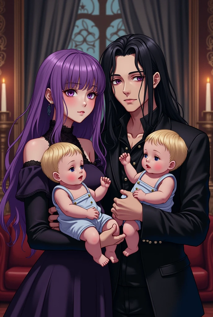 Anime style; Create a gothic family portrait of a young purple haired woman and a young long black haired man, holding two blonde 5 months old baby boys