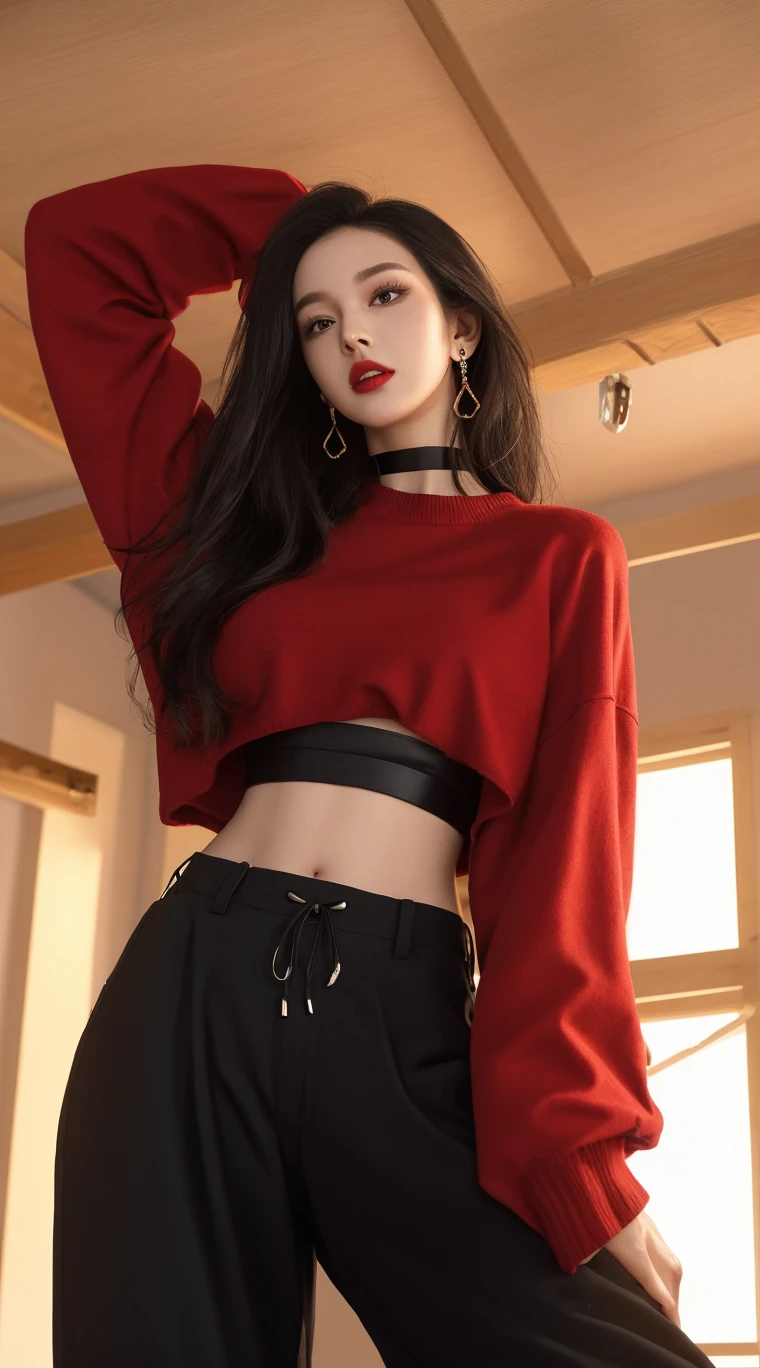 masterpiece, best quality, looking at viewer, facing viewer, bare legs, 1girl, solo, upper body, bow, serafuku, disgusted face, night time, heavy rain, outdoors, city, crop top, navel, wet clothes, drenched, overly long sleeves, hands in sleeves, blood tears, blood marks, dark alleyway, blood splattered on the ground, red bright light, glowing eyes, depth of field,holding a knife,red sky, atmofer,perfect hands
