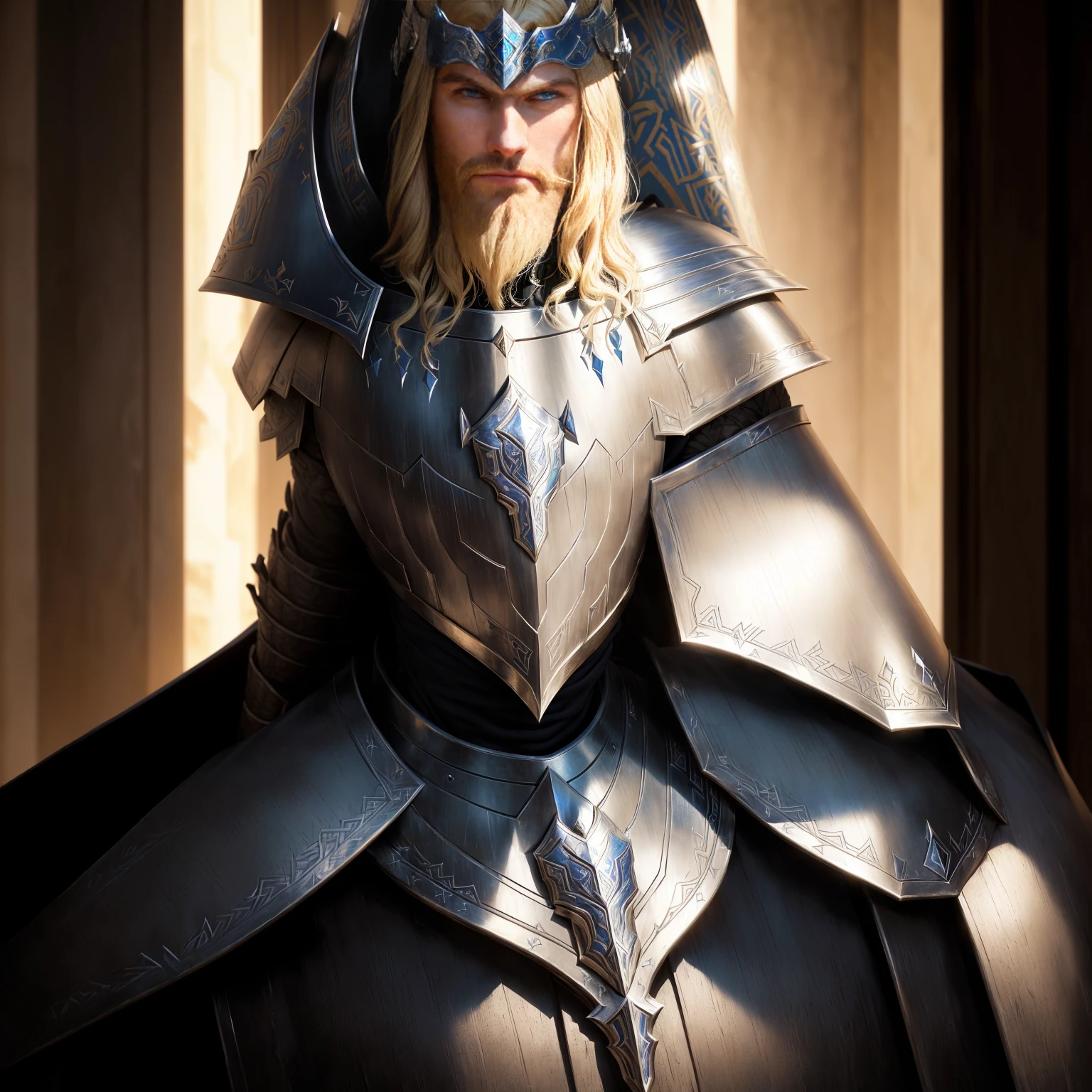 arafed man in armor with blue eyes and a beard, henry cavill as arthas menethil, portrait of magical blond prince, attractive male with armor, paul atreides, film still from 'thor', arthas, as a medieval fantasy character, in a regal armor, king arthur, arthas menethil, beautiful androgynous prince