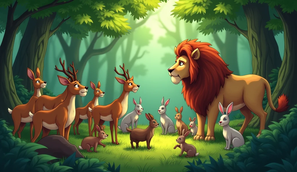 "A dense, green forest with various animals (deer, rabbits, birds, etc.) looking worried and scared. They are gathered together, discussing their problem with the lion. The atmosphere is tense, with the animals expressing concern."