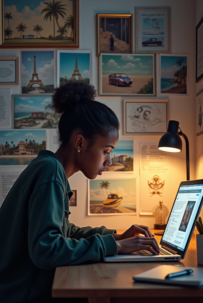 A person sitting at a desk with a vision board on the wall filled with pictures of dream homes, cars , travel destinations, and inspirational quotes. The person is intently working on a laptop with a focused expression.