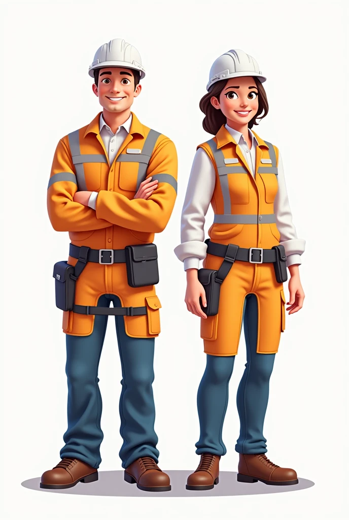 male and female civil engineer with white helmet animated, where only half the body is seen from the front and a white background
