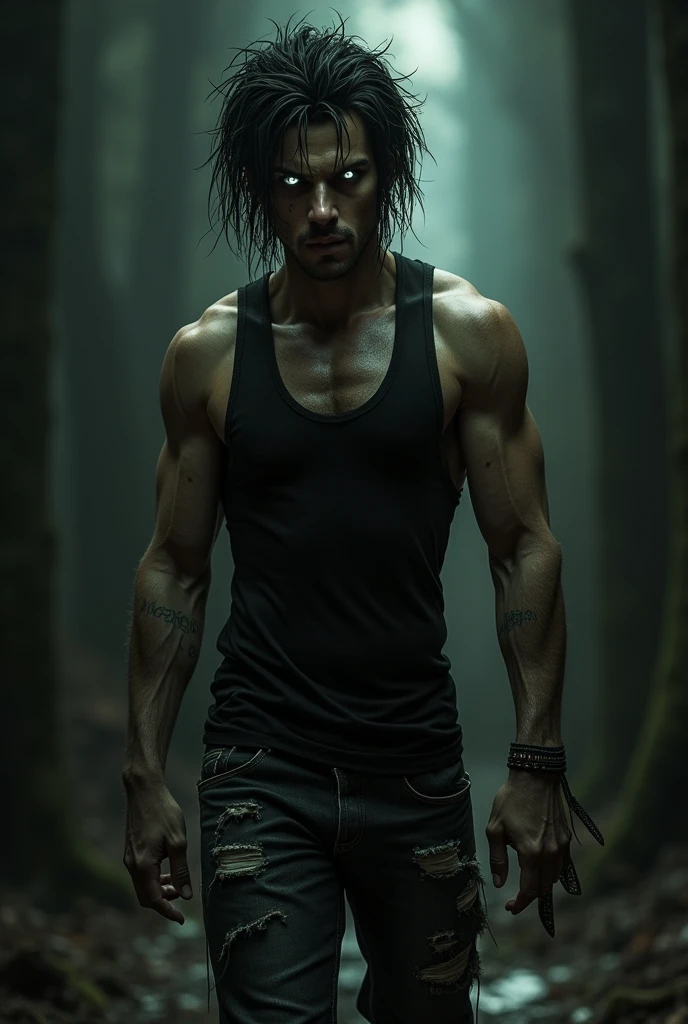Powerful light-eyed demon, dark hair in tank top and sexy jean shorts