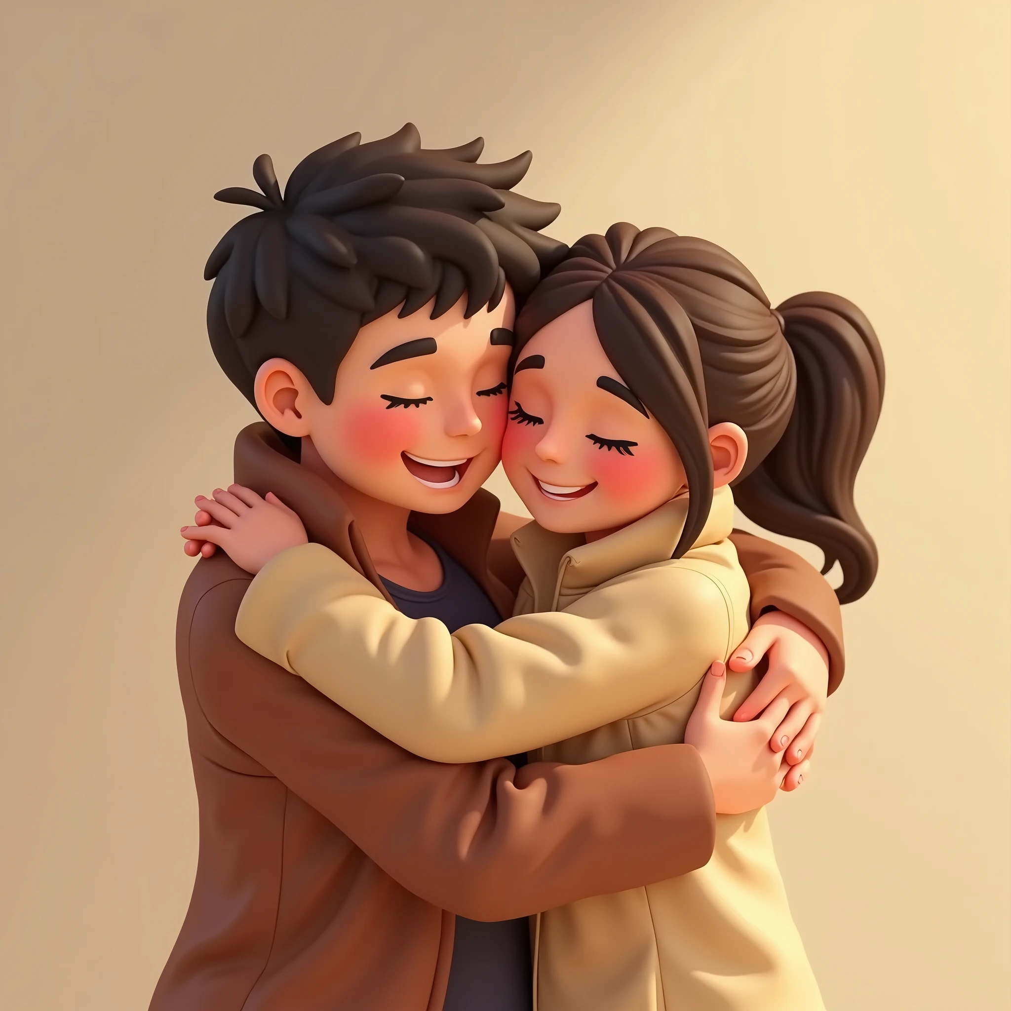 Generate a video of the people in the photo hugging , hug the person on right and on the left, keep the same original features