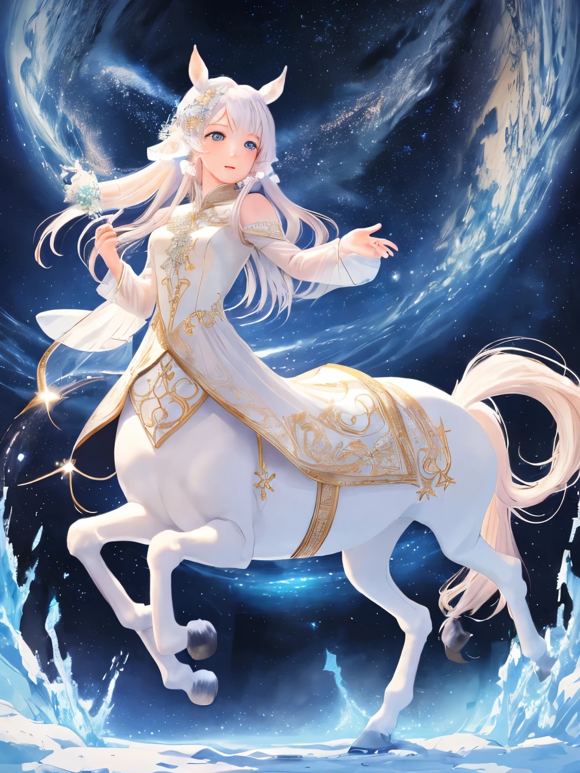 (Highest quality, masterpiece, High resolution), ((Fantasy))、 (Girl Centaur:1.2)、(A cute girl with a horse-like lower body:1.2), (Beautiful Face)、Beautiful Hair、The starry sky adorns her hair, Translucent dress, white royal dress, Elegant white dress, Fantasy Dress, Elegant Dresses, Magical Dress, Romantic Dresses, intricate Fantasy Dress, with shining flowers、meteor, milky way, Star Cloud, embroidery, Backlight、amazing splash、 bright,