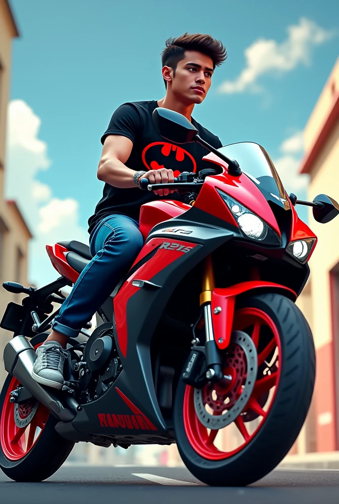 Guy riding yamaha r15 v3 with red and grey color, wearing black tshirt with red batman logo, blue jeans, grey adidas shoes