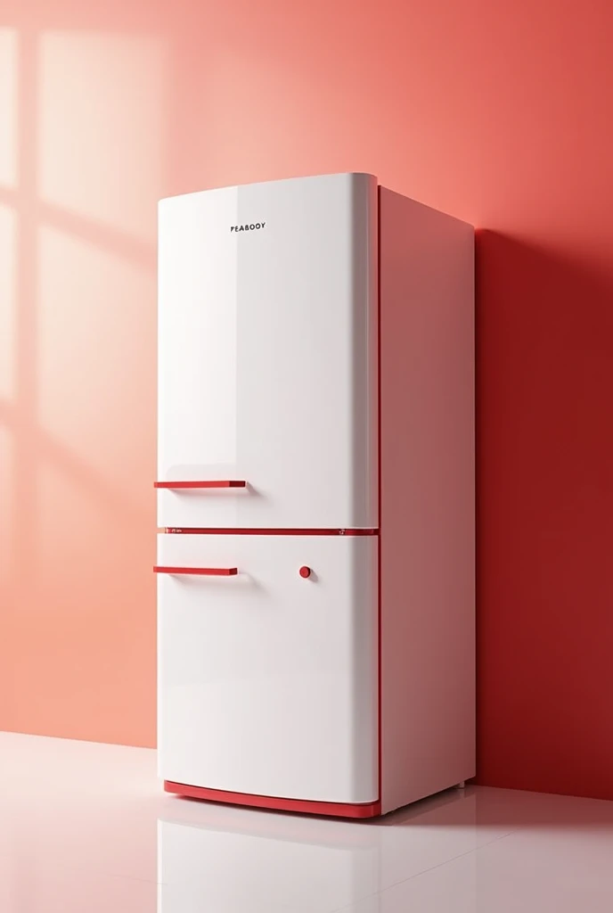 Peabody refrigerator with superior frizzer, white with red details, modern and with minimalist details