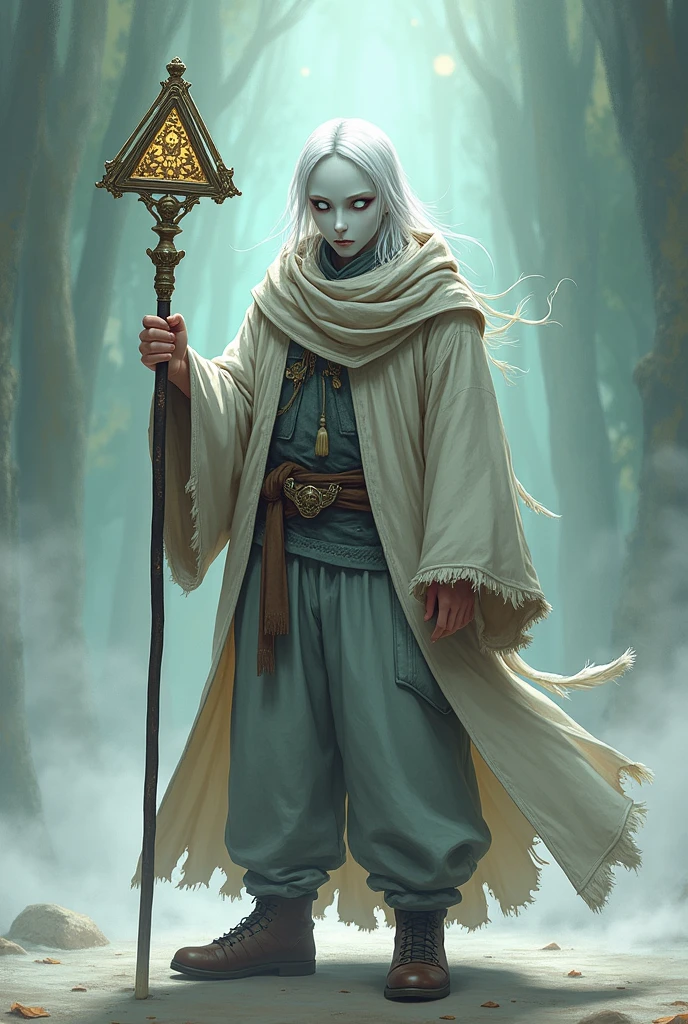 white-haired, white-eyed man wears baggy clothes, He has a staff with a musical triangle and a porcelain mask.. With anime drawing style