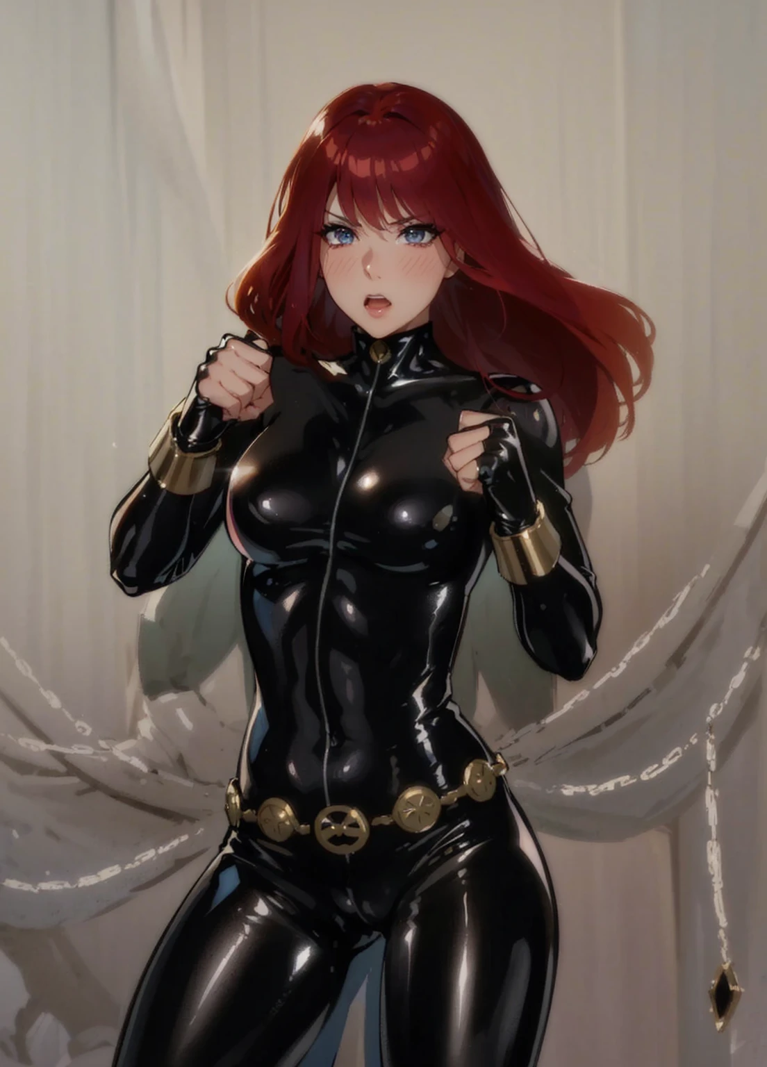 The image is a drawing of a girl with shoulder-length, bright red hair dressed in a sleek skin-tight shiny black latex bodysuit with a silver zipper running down the front. The suit is complemented by her golden wrist guard on both wrists and a golden belt made of shiny circles. She appears with a cute smile on her face. She has blue eyes. She stands with a strong posture, hands clenched into fists at her sides, and eyes cast with a determined or fierce gaze. In the background, there are white chains that curve upwards. Her overall stance and the background chains convey a powerful presence and a sense of energy, readiness for action, and possibly a dangerous situation.