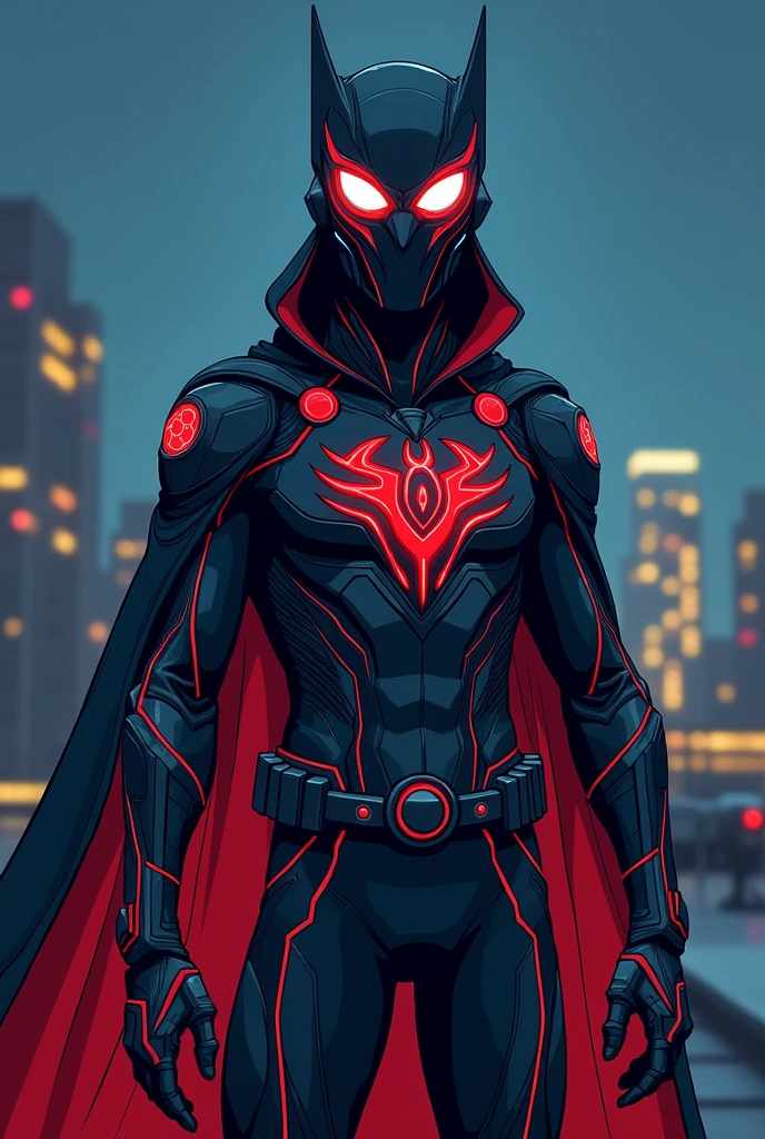 In comic book style, Nightwatcher to nastoletni superbohater o niezwykle intrygującym wyglądzie. His costume is made of flexible spandex and nanomaterials., which gives it both flexibility, as well as protection. The dominant colors in the outfit are dark gray., czerwony i granatowy, which create a strong contrast and give it a menacing look, but dynamic character.
Nosi zaawansowany technologicznie hełm o aerodynamicznym kształcie. Its surface has integrated white bionic sharp owl-style eyes.
There is a unique emblem on the chest, which is inspired by four animals: węgorzem, a spider, snow leopard and owl. His hands, łokcie, the shoulders and waist are decorated with round emblems. The whole costume has an eel-style pattern, snow leopard and spider. He stands in a dynamic pose on the roof of a building at night..
