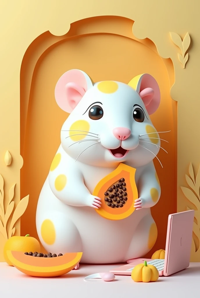 a white hamster with yellow spots, sitting in front of a computer, with a piece of papaya, masterpiece, all in three dimensional paper art、(Almond Shapes);1.9、(Three-dimensional paper-cut art.、colorful):1.9