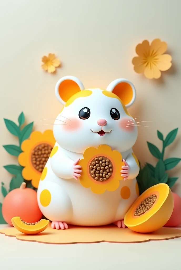 a white hamster with yellow spots, sitting in front of a computer, with a piece of papaya, masterpiece, all in three dimensional paper art、(Almond Shapes);1.9、(Three-dimensional paper-cut art.、colorful):1.9