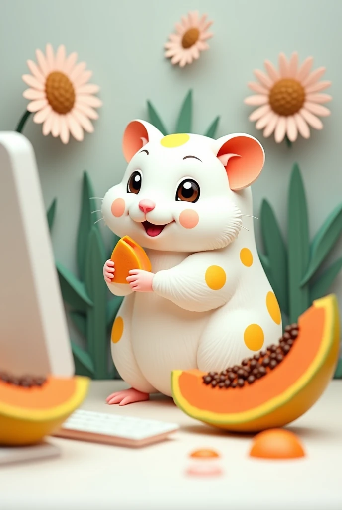 a white hamster with yellow spots, sitting in front of a computer, with a piece of papaya, masterpiece, all in three dimensional paper art、(Almond Shapes);1.9、(Three-dimensional paper-cut art.、colorful):1.9