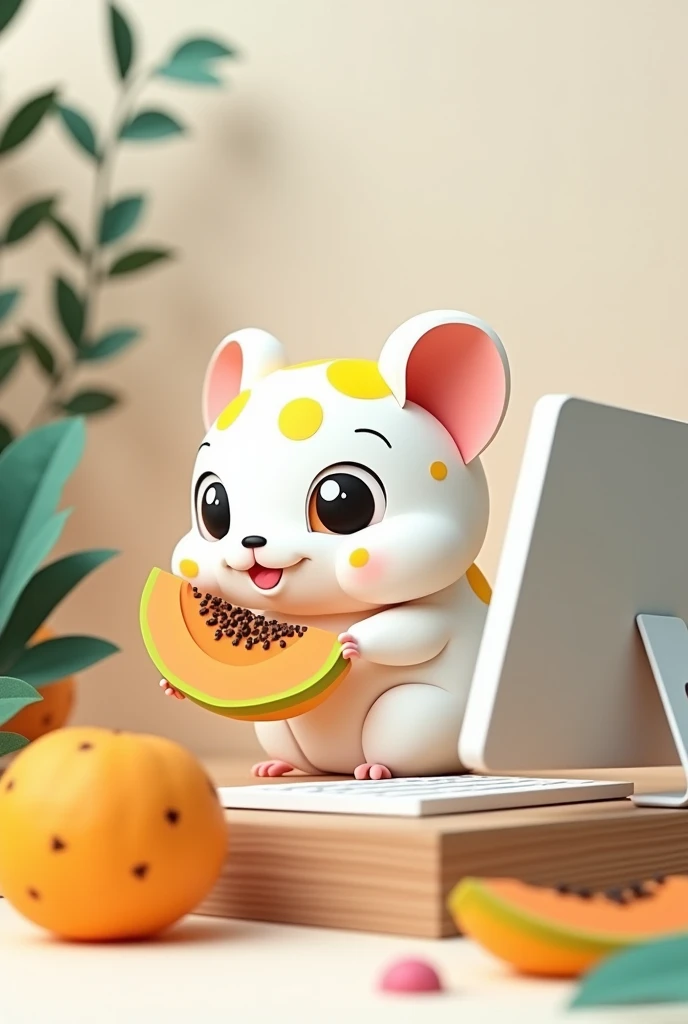a white hamster with yellow spots, sitting in front of a computer, with a piece of papaya,  masterpiece, all in three dimensional paper art、(Almond Shapes);1.9、(Three-dimensional paper-cut art.、colorful):1.9
