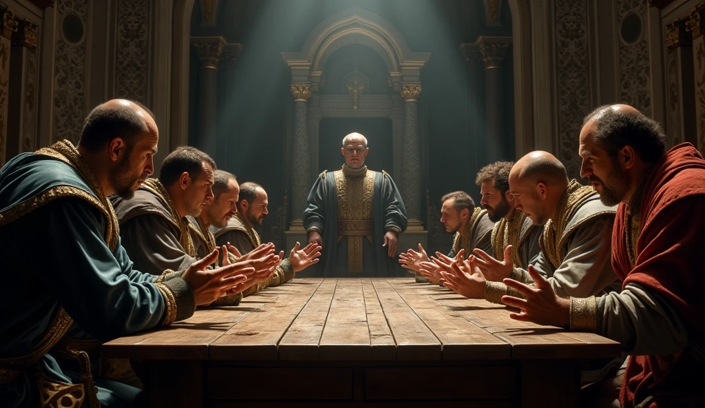 A dramatic painting capturing a tense moment of heated debate among French barons and dukes, their faces etched with doubt and skepticism. The scene is set in a grand, dimly lit chamber with high, arched ceilings, the walls adorned with dark tapestries. The noblemen are gathered around a large wooden table, some standing, others leaning forward, their hands gesturing wildly as they argue. The flickering light from a grand fireplace casts deep shadows across their stern, conflicted faces, highlighting the growing division. In the background, a tall, regal figure representing Philip VI stands apart, his expression troubled as he listens, aware of the fractures within his leadership. The overall atmosphere is dark and brooding, with muted tones and sharp contrasts, emphasizing the internal discord and the weight of the decisions at hand, all rendered in the evocative, detailed style reminiscent of Edmund Blair Leighton., Surrealism, Hyperrealism, UHD, retina, masterpiece, accurate, anatomically correct, textured skin, super detail, 16k