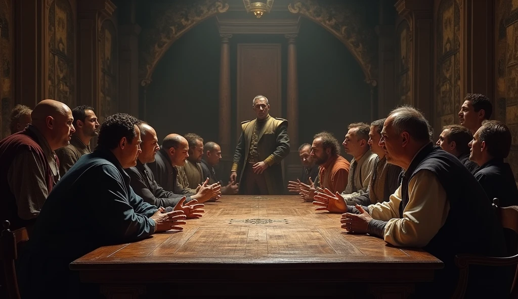 A dramatic painting capturing a tense moment of heated debate among French barons and dukes, their faces etched with doubt and skepticism. The scene is set in a grand, dimly lit chamber with high, arched ceilings, the walls adorned with dark tapestries. The noblemen are gathered around a large wooden table, some standing, others leaning forward, their hands gesturing wildly as they argue. The flickering light from a grand fireplace casts deep shadows across their stern, conflicted faces, highlighting the growing division. In the background, a tall, regal figure representing Philip VI stands apart, his expression troubled as he listens, aware of the fractures within his leadership. The overall atmosphere is dark and brooding, with muted tones and sharp contrasts, emphasizing the internal discord and the weight of the decisions at hand, all rendered in the evocative, detailed style reminiscent of Edmund Blair Leighton., Surrealism, Hyperrealism, UHD, retina, masterpiece, accurate, anatomically correct, textured skin, super detail, 16k