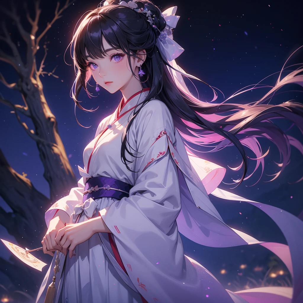 A beautiful female in white hanfu dress , Standing in the middle of Background is a dark moonless night, with dry trees in the background, and purple glowing light , close up.