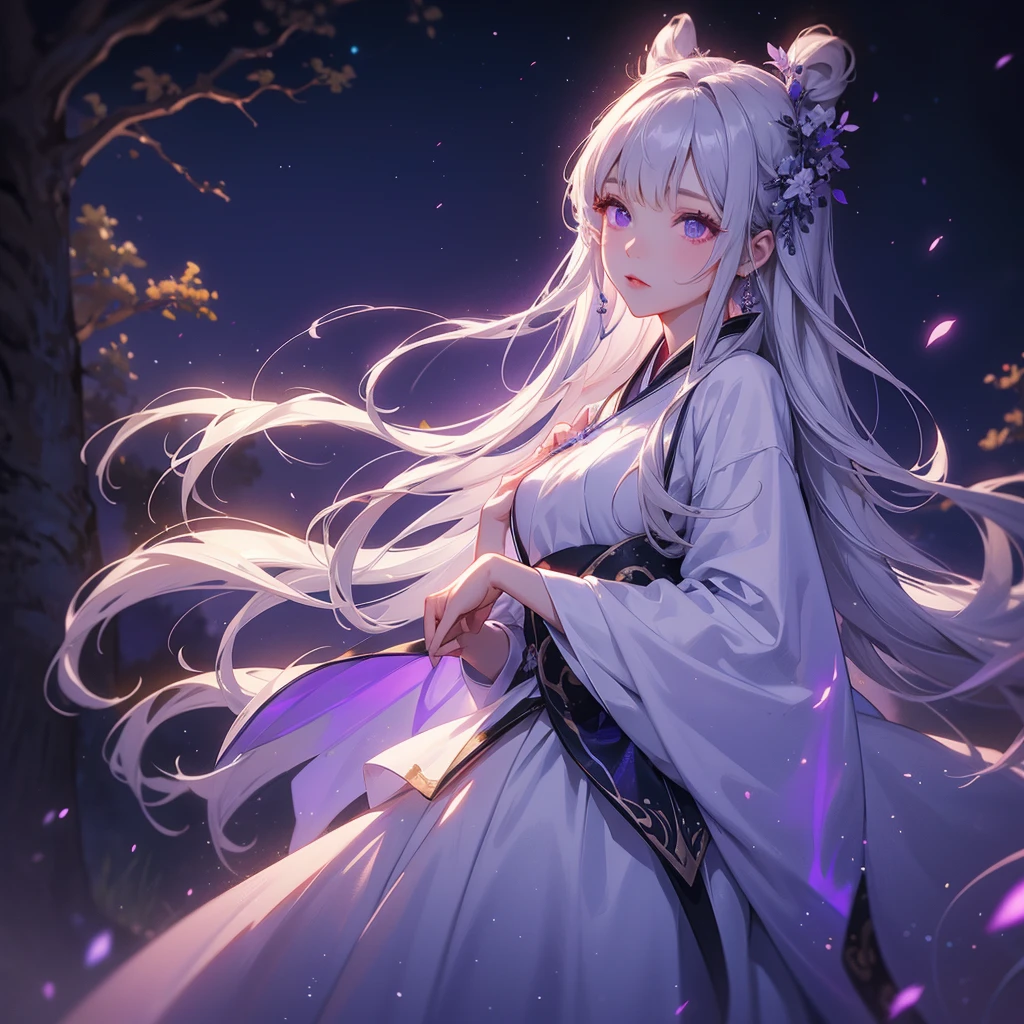 A beautiful female in white hanfu dress , Standing in the middle of Background is a dark moonless night, with dry trees in the background, and purple glowing light , close up.