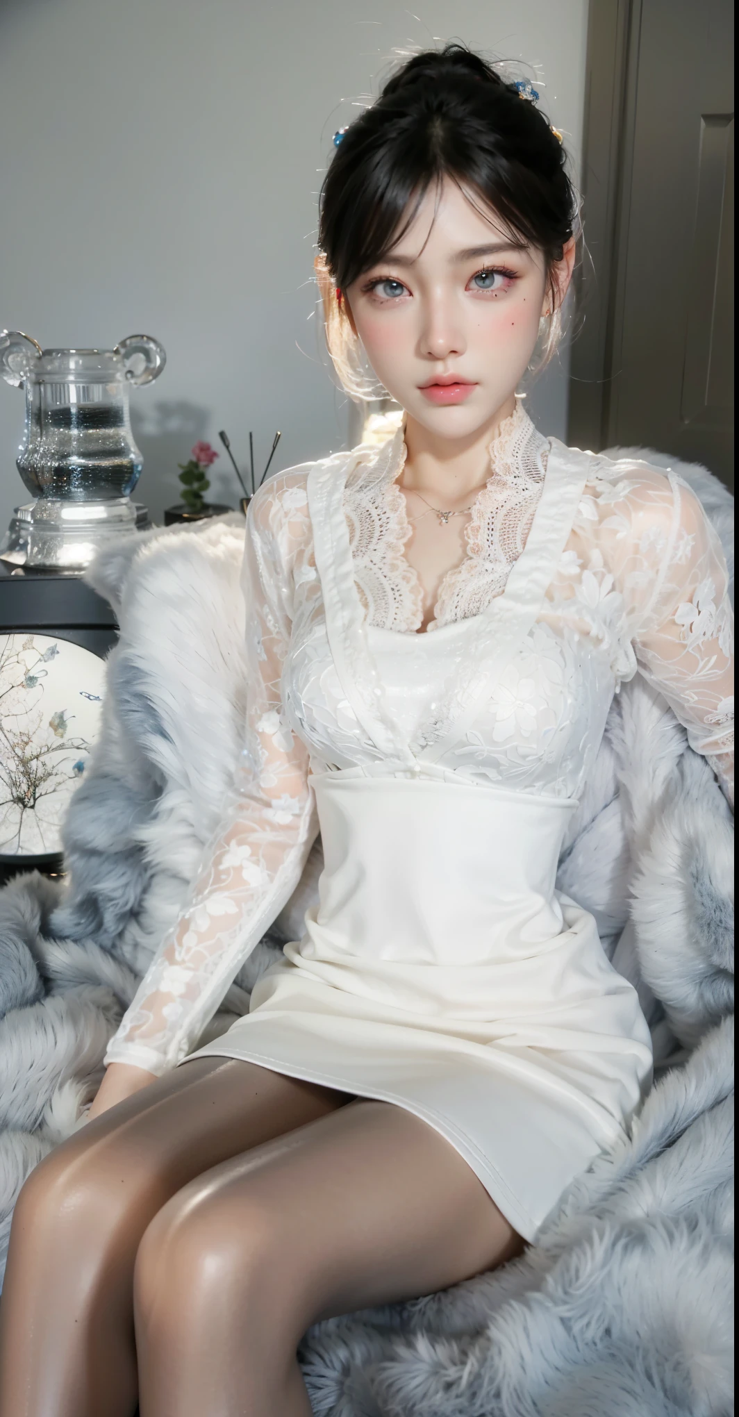 Game Art,Best image quality,Maximum resolution,8K,(A bust photo),(portrait),(Head close-up),(Rule of Thirds),Unreal Engine 5 rendering works,20 year old girl,((Queen)),The eyes are very detailed,(Large Breasts),Elegance and nobility,Movie Light,Ray Tracing,Game CG,((3D Unreal Engine)),OC rendering reflection mode,4K,Ultra-clear,Translucent lace,Fair and plump figure,Pretty Face,Glossy Gel Coat,身着华贵礼服的Queen,Necklace jewelry,Dark blue pupils(Like the eyes of the starry sky),Sitting on the sofa,Wear a printed lace dress,Reflective pantyhose