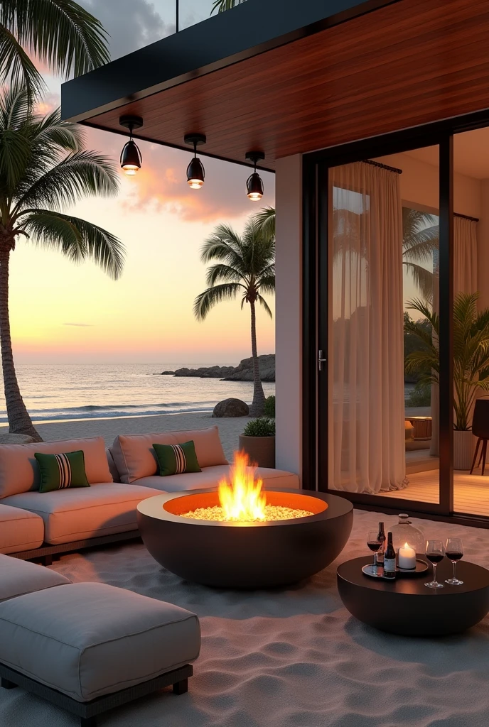 Design an outdoor living space, luxurious, on a sandy beach at sunset. The area has a modern and open design, with large glass doors, a comfortable beige sectional sofa decorated with green and striped pillows, and a sleek black coffee table with two wine glasses and a bottle of wine on it. At the center, there is a circular white metal fireplace with a vibrant fire, emitting a warm glow. above space, several exposed lamps with dark brackets are hanging, creating a stylish and cozy atmosphere. Ao fundo, palm trees sway gently as the sea and sky reflect the colors of the sunset