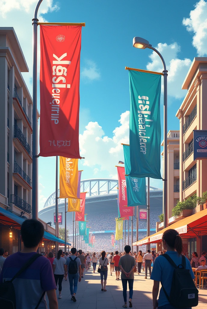 Generates an image of a street next to a stadium, where flags measuring 7 metres long and 1 metre high have been hung on light poles, on top of the light poles that say "Here comes the encouragement"