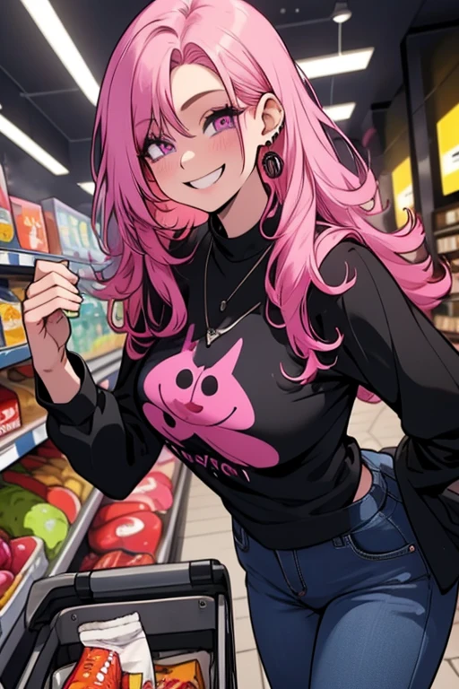 Perfect face. Perfect hands. A pink haired woman with violet eyes with an hourglass figure in a black plaid shirt and jeans is shopping in the grocery store with a big smile
