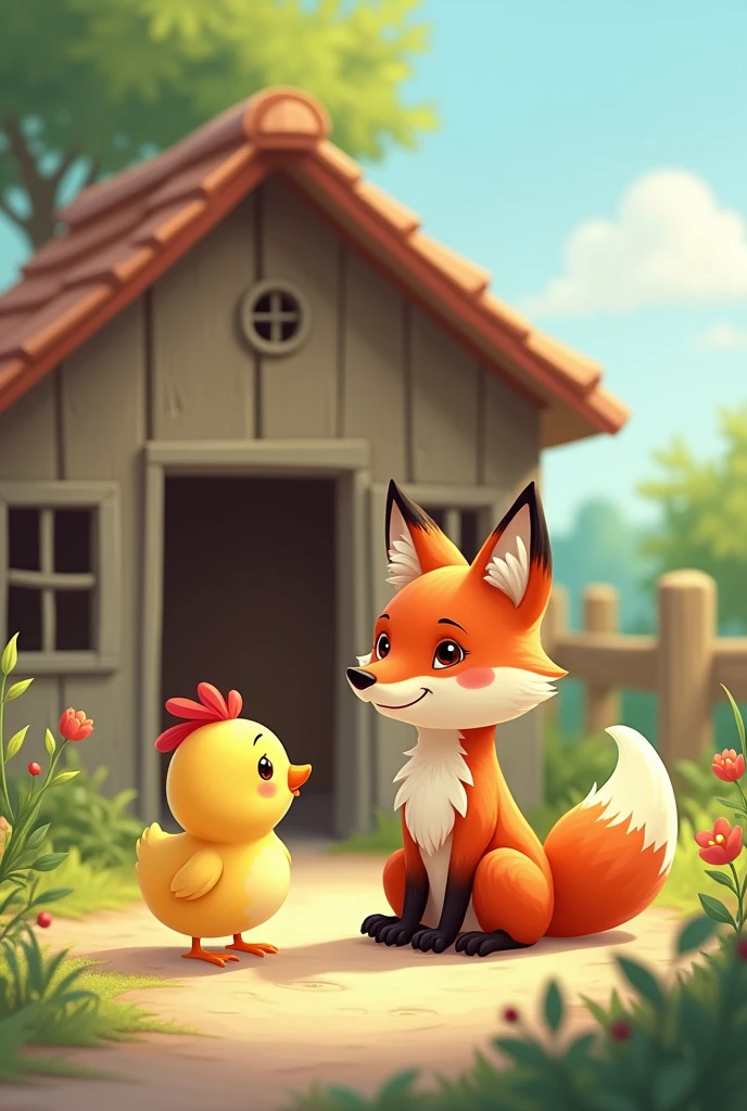 Dessin histoire pour enfant, dessin mignon, un renard adulte discute avec un poussin devant un poulailler 