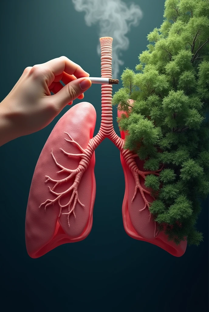 Hand holding a cigarette, and putting out that cigarette in a lung, and on the right side of the lung it turns into a forest