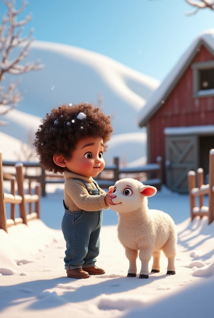 Generate an image about a  and a newborn sheep, snow white on a farm, The image must be consistent and in Disney Pixar&#39;s distinctive 3D animation style.