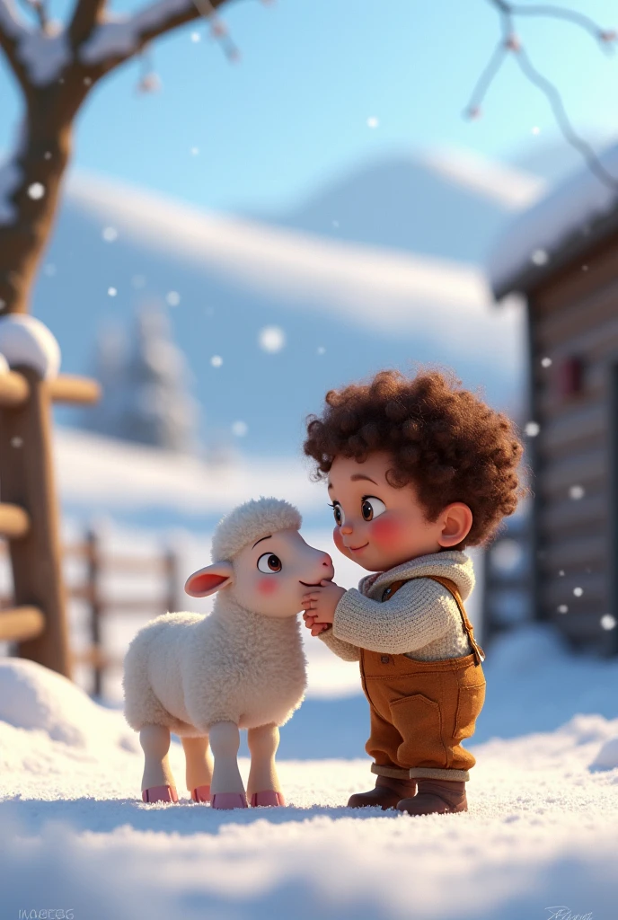 Generate an image about a  and a newborn sheep, snow white on a farm, The image must be consistent and in Disney Pixar&#39;s distinctive 3D animation style.