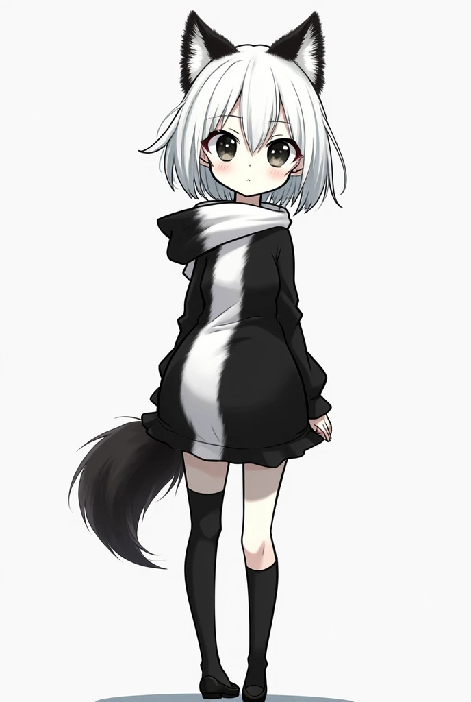 One of the humans、Girlish、anime、animeチック、Skunk ears and tail、child、Fart、solo、Turn your back、Black and white clothes
