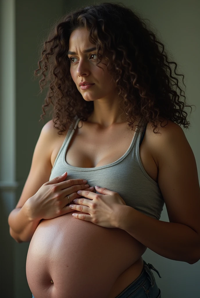 Génére une femme métisse, de 22ans, cheveux curly brun noir qui se tien le ventre car elle a faim qui Tellement qu'elle a faim qu'elle se met à grandir de plus en plus